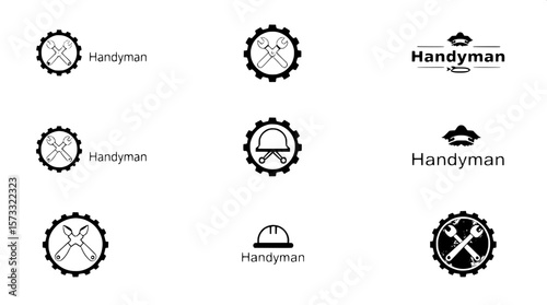 "Black and white minimalist handyman logo set, nine logos arranged in a 3x3 grid, each logo incorporating a gear or round badge design with tools such as pliers, hardhat, paintbrush, and toolbox icons