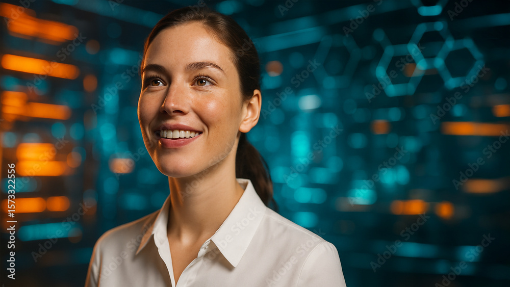 Obraz premium Confident Young Businesswoman Smiling in Futuristic Digital Environment Concept of Innovation Artificial Intelligence Technology Leadership and Digital Transformation