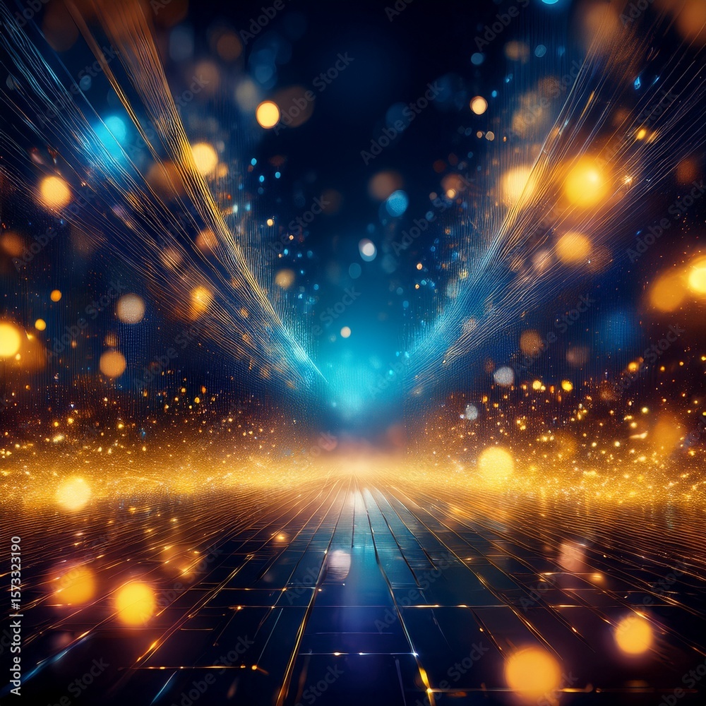 Obraz premium Abstract light background with golden and blue bokeh in the dark, creating a magical, festive glow—perfect for Christmas, New Year, winter nights, and celebration themes.