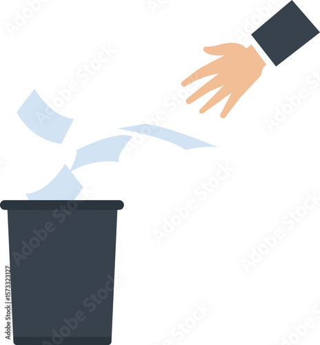 Business Waste Concept Illustration Hand Throwing Paper in Trash Can Office Document Disposal Abstract Idea, paperwork, delete, eliminate, concept, illustration, vector, clean, clear, simplify, proces