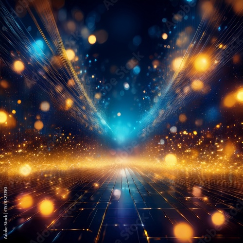 Abstract light background with golden and blue bokeh in the dark, creating a magical, festive glow—perfect for Christmas, New Year, winter nights, and celebration themes.