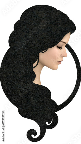Stylized side profile of a girl with black hair in a graphic art style on a plain white background.
