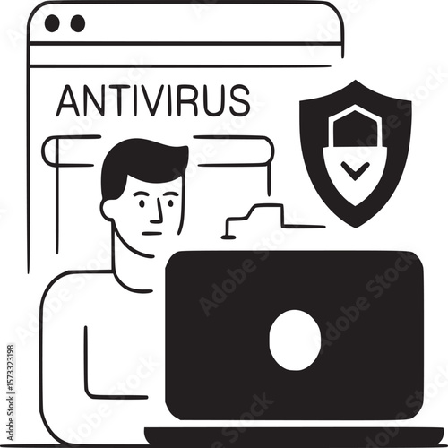 Illustration of a person using a laptop with antivirus software and a security shield displayed nearby