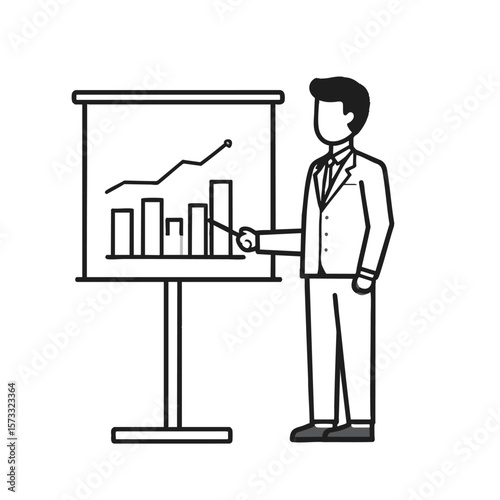 A businessman pointing to an upwardtrending graph on a presentation board