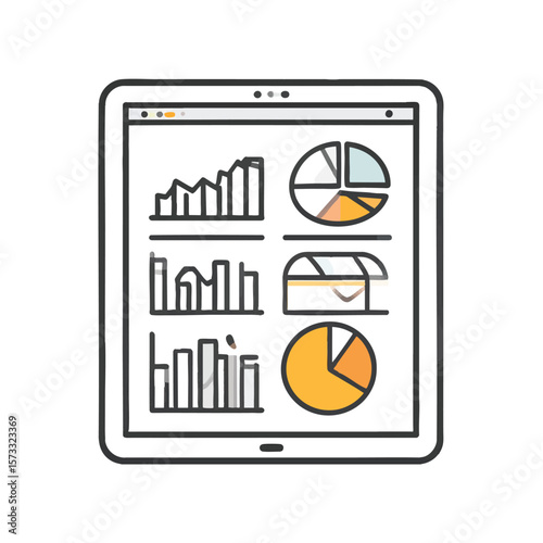 A digital tablet displays data graphs with both line and pie charts