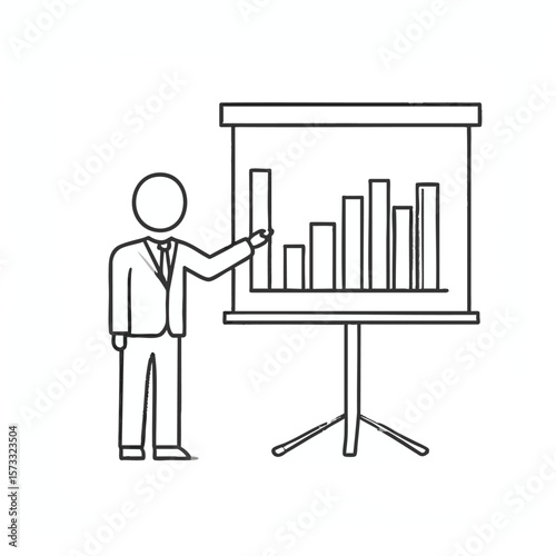 A sketch of a businessman pointing at a bar graph on a presentation board
