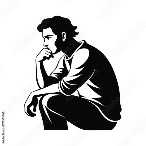 "Thinking Man Silhouette Illustration in Black and White Vector Style"