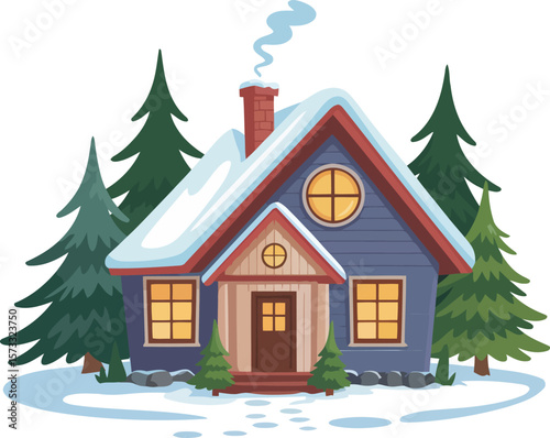 Snowy Christmas House with Evergreen Trees, Winter Holiday Scene, Transparent Background.