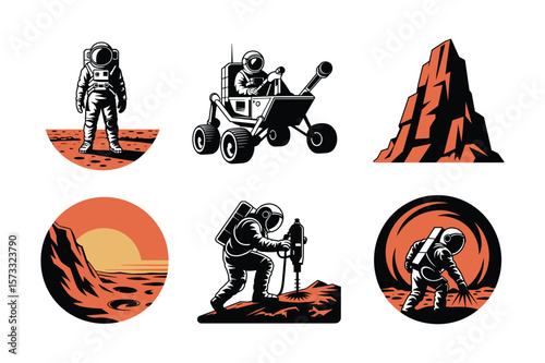 Astronauts exploring planet surface with rover and drilling equipment space exploration