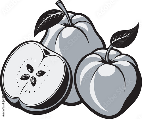 Stylized black and white illustration of apples and a pear isolated on a white or transparent PNG background
