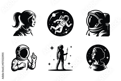 Astronauts in space and portraits stars silhouette
