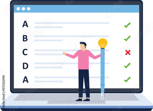 Online exam platform concept with big computer and testing site. Online Education. education concept. choose answers for exam tests and achieve good results. flat vector illustration on background.


