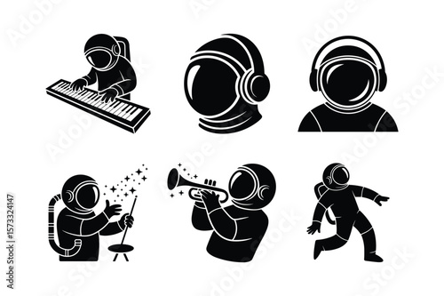 Astronauts playing music and performing magic space suit helmet