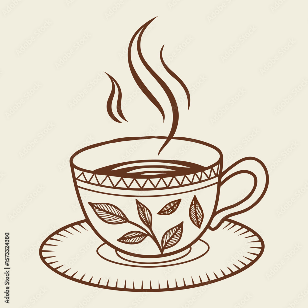 Fototapeta premium Illustration of a steaming teacup with leaf design on saucer in brown outline on cream background