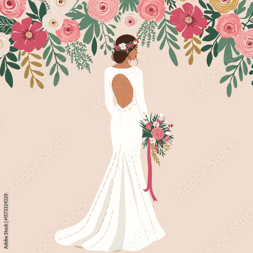 Young woman in wedding dress holding bouquet against floral background  