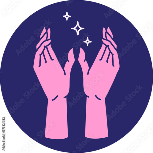 iconic tattoo style image of mystic hands in bright neon color