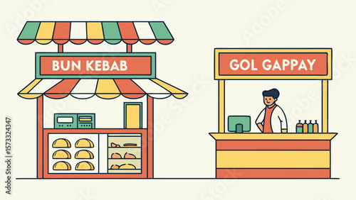 Illustration of two food stalls one selling bun kebab and the other gol gappay with a vendor inside