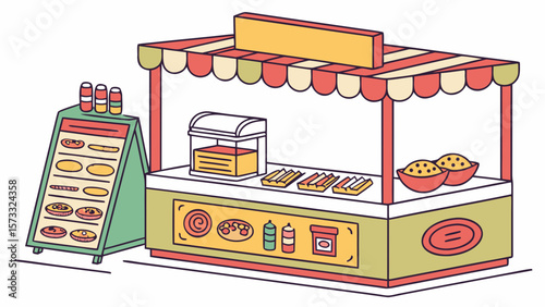 Illustration of a colorful food stall with a menu board and various food items displayed on the counter