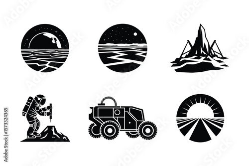 Astronaut exploring alien planet surface with rover and celestial bodies space exploration
