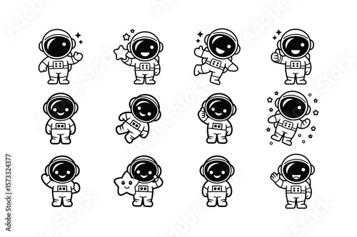 Cute astronauts in various poses with stars and thumbs up space cartoon