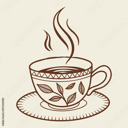 Illustration of a steaming teacup with leaf design on saucer in brown outline on cream background