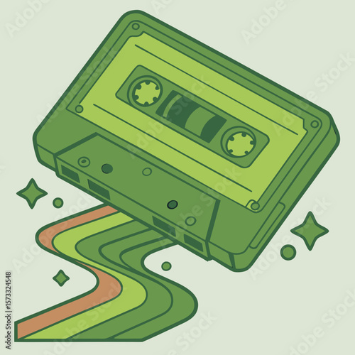 A green cassette tape with a retro design and colorful flowing lines and star accents around it