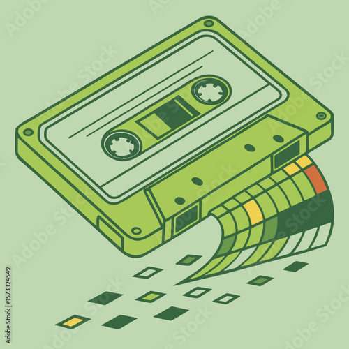 Isometric illustration of a green cassette tape with colorful tape unraveling design element