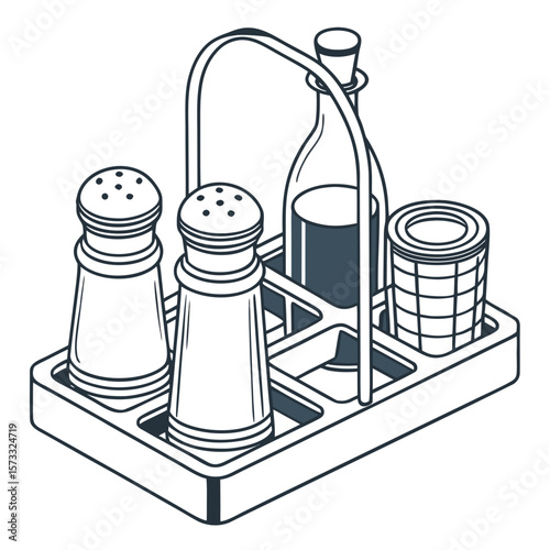 Detailed illustration of a condiment set including salt pepper oil and container in a holder