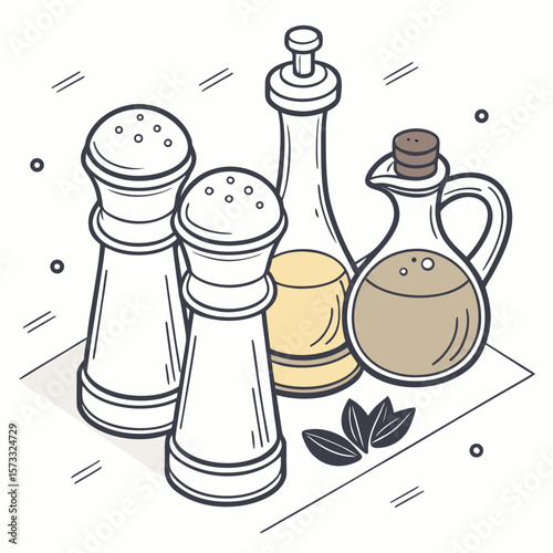 Illustration of a condiment set with salt pepper oil and a container in a holder on a white background