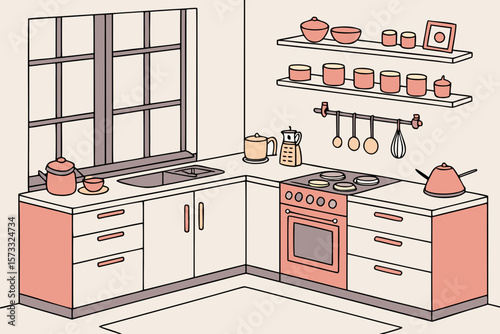 A kitchen scene featuring cabinets shelves stove and a window showing a bright and cozy interior space