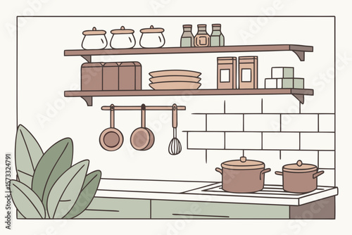 Illustration of a kitchen interior with shelves, pots, and plant in a cozy home setting scene