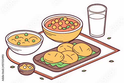 Illustration of a meal with bowls of soup, flatbreads, sauce and a glass of milk on a tray
