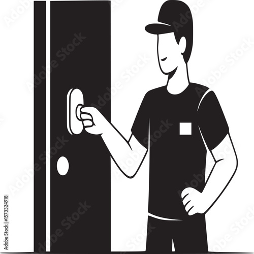 Illustration of a man in a cap ringing a doorbell next to a black door on a white background