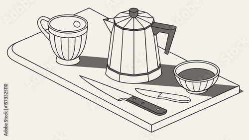 Still life drawing of a coffee pot cup bowl and knives on a rectangular cutting board surface