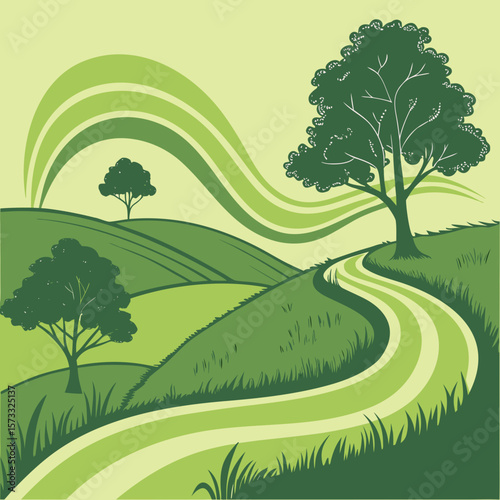 A scenic view of green hills with trees and a winding path under a stylized sky design element