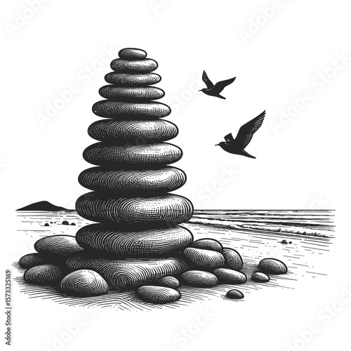 Stacked rocks drawing in black and white representing balance