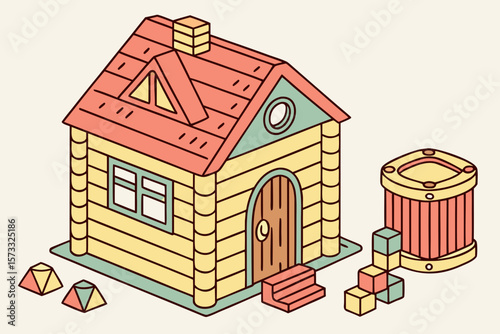 Isometric illustration of a toy house with a red roof and building blocks scattered around it nicely