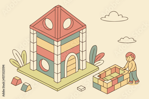 A child is pushing a box of colorful blocks next to a toy house with a roof and some clouds in the sky