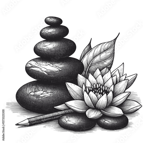 Stacked stones and lotus flower in detailed monochrome artwork for relaxation