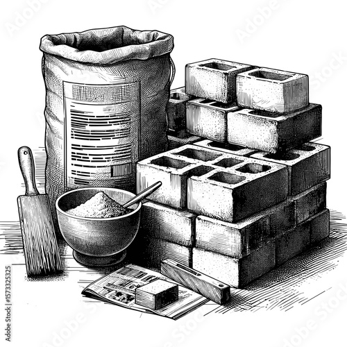 Bricks, cement, tools in sketch style with blacks, whites for construction
