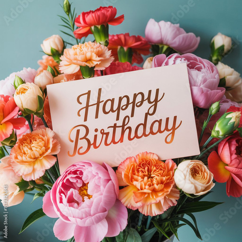 A beautiful bouquet of flowers with a happy birthday card