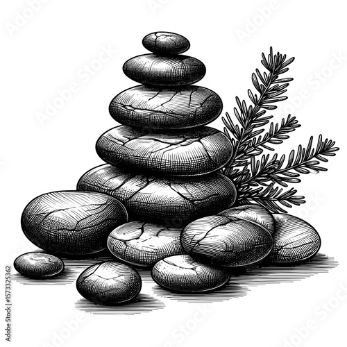 Stacked zen stones in illustration style in black and white for relaxation