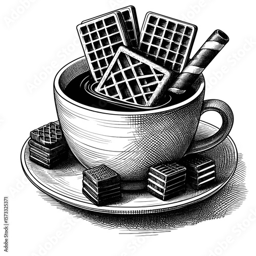 Chocolate wafers in cup drawing in black and white for food covers
