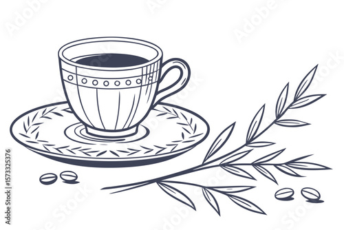A cup of coffee on a saucer with coffee beans and a branch of leaves in monochrome style