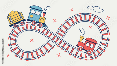Two cartoon trains on an infinity track with a cloud shape and red crosses on a light background