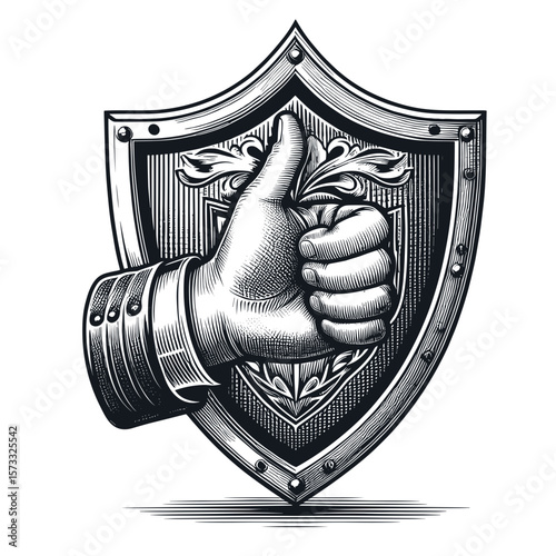 Armored hand points behind historic shield in black-and-white vintage engraving