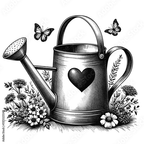 Vintage watering can in black-and-white style among flowers and butterflies for garden art