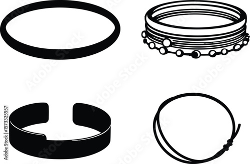 Stylized bracelet silhouette featuring four unique designs—a solid bangle, multi-strand beaded bands, open cuff, and knotted flexible loop—capturing elegance, craftsmanship, and diversity in modern 