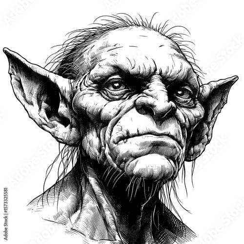 Goblin face illustration in ink drawing style