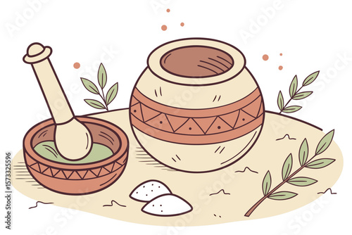 Still life of mortar and pestle with herbs and a decorated pot on a neutral background art